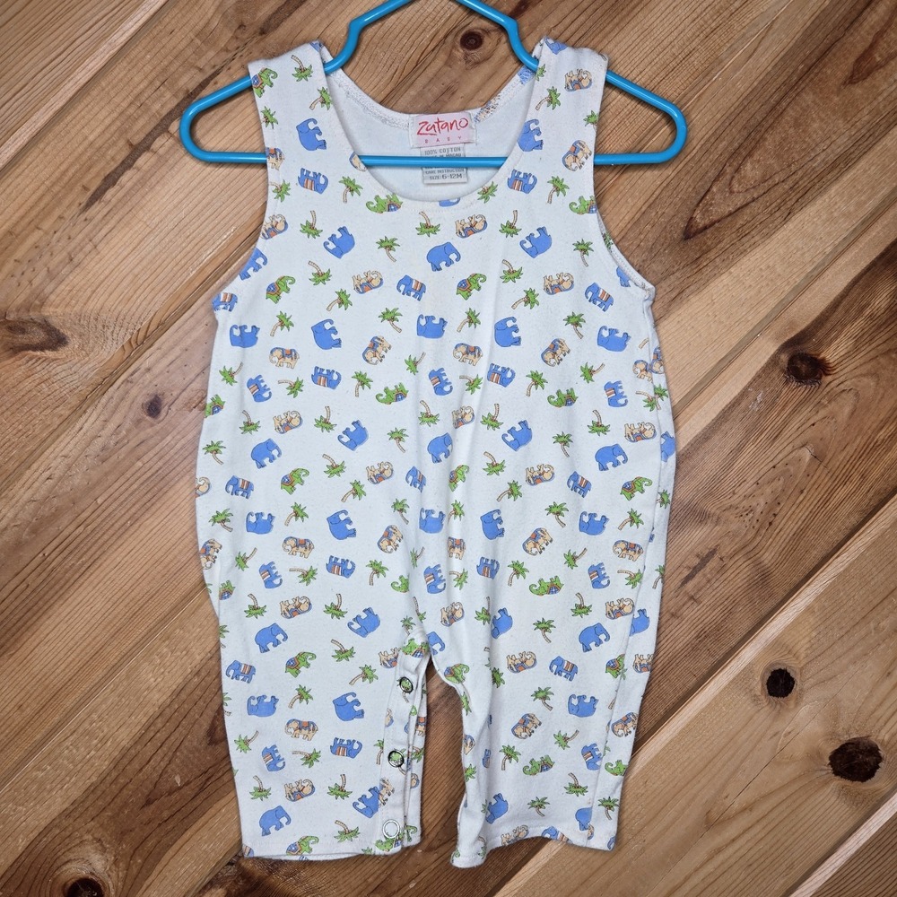 Zutano Vintage Sleeveless Romper Baby Sz 6-12 Months Elephant‎ Palm Trees Cotton